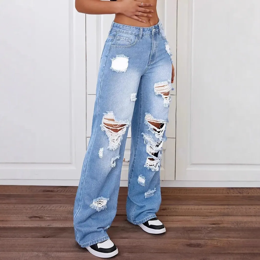 Women Fashion Ripped High Waist Straight Jeans