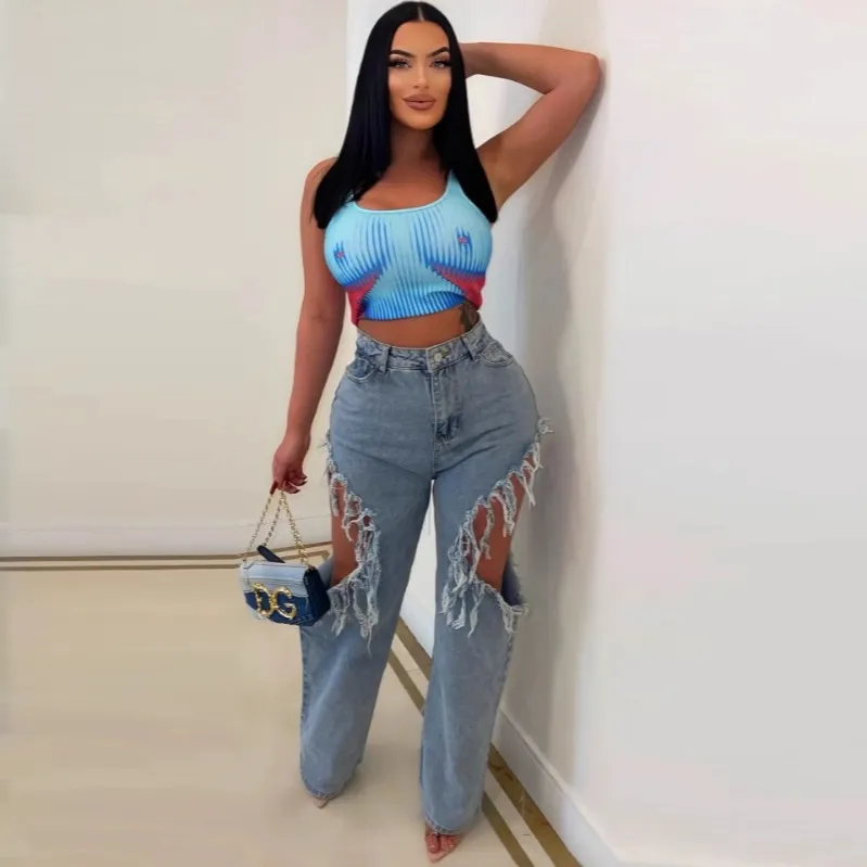 Women Fashion Ripped Straight Jeans