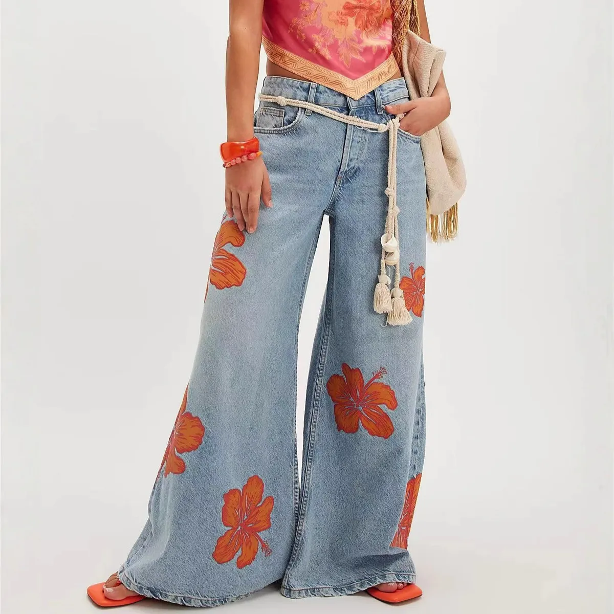 Women Casual Fashion Floral Print Wide Leg Jeans