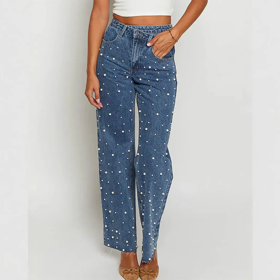 Women Fashion Beaded Straight Jeans