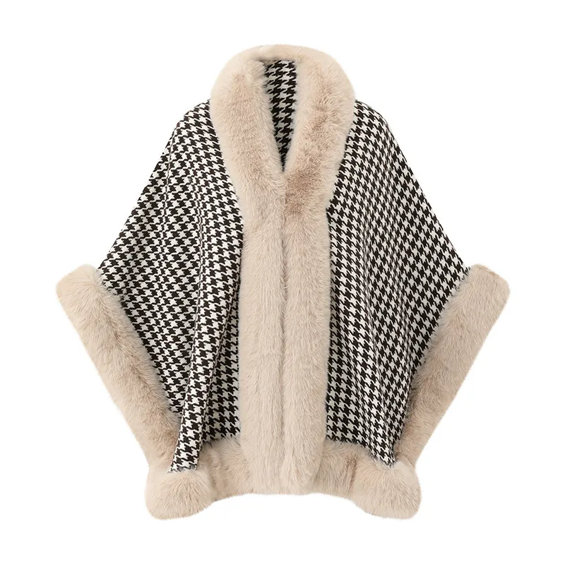 Women Fashion Casual Mid-Length Fur Collar Imitation Rex Rabbit Fur Houndstooth Shawl