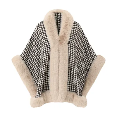 Women Fashion Casual Mid-Length Fur Collar Imitation Rex Rabbit Fur Houndstooth Shawl