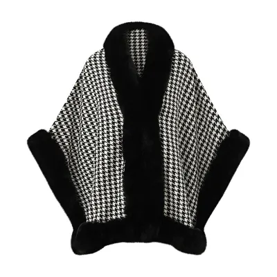 Women Fashion Casual Mid-Length Fur Collar Imitation Rex Rabbit Fur Houndstooth Shawl
