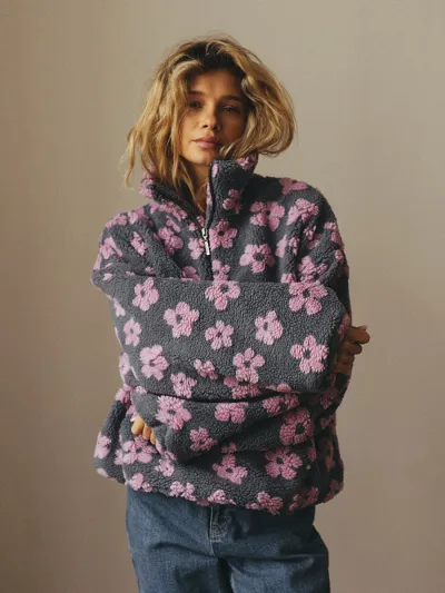 Women Fashion Casual Autumn And Winter Polasel Fleece Floral Stand Collar Long-Sleeve Sweatshirt