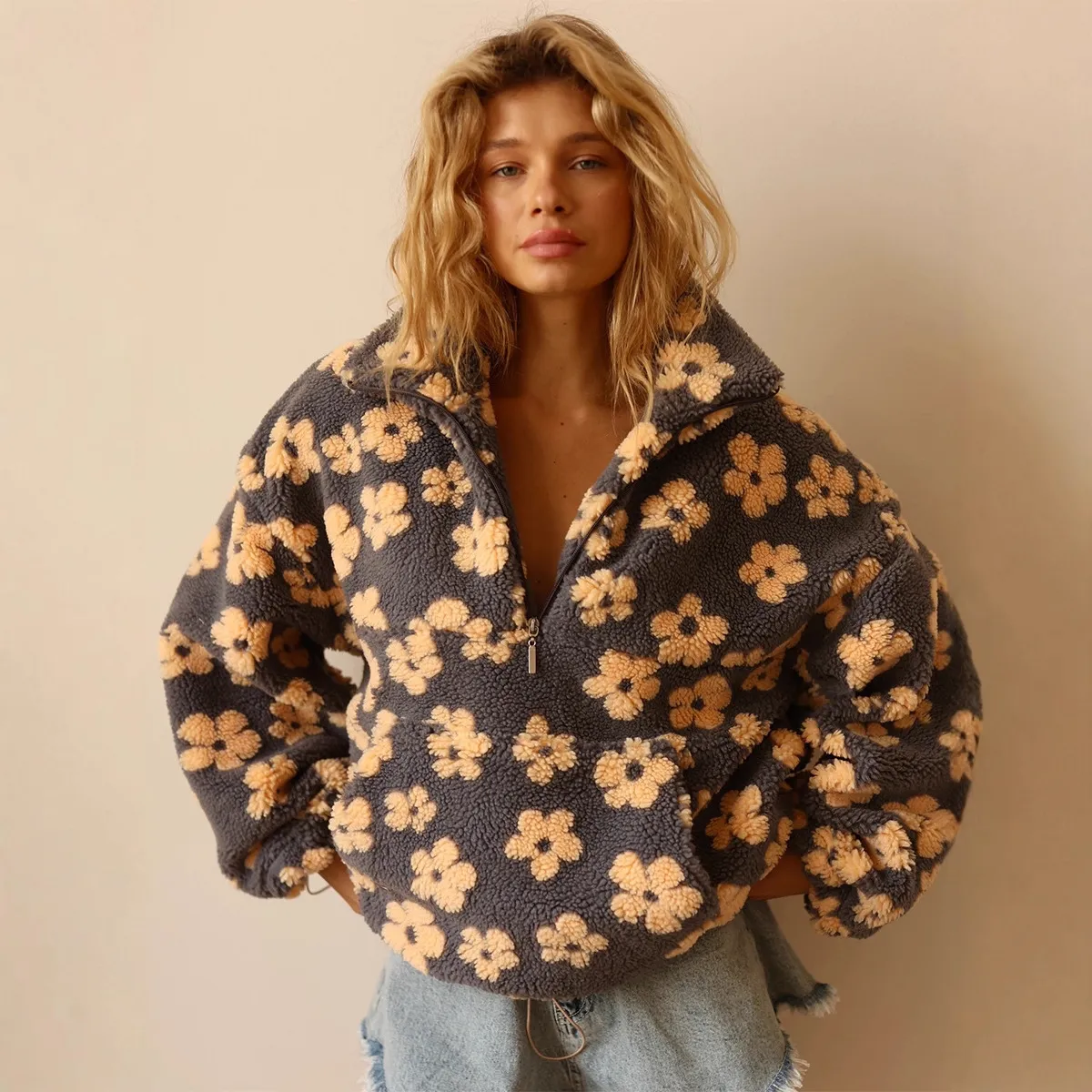 Women Fashion Casual Autumn And Winter Polasel Fleece Floral Stand Collar Long-Sleeve Sweatshirt