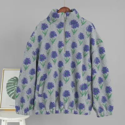 Women Fashion Casual Winter Polar Fleece Jacquard Half Zipper Long-Sleeve Loose Sweatshirt
