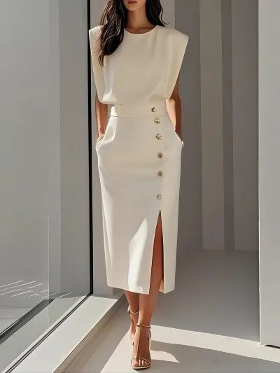 Women Elegant Solid Color Sleeveless Button Side Slit Midi Dress