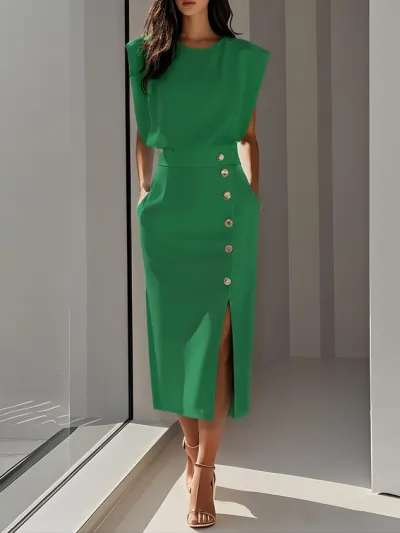 Women Elegant Solid Color Sleeveless Button Side Slit Midi Dress