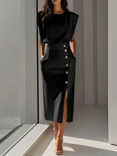 Women Elegant Solid Color Sleeveless Button Side Slit Midi Dress