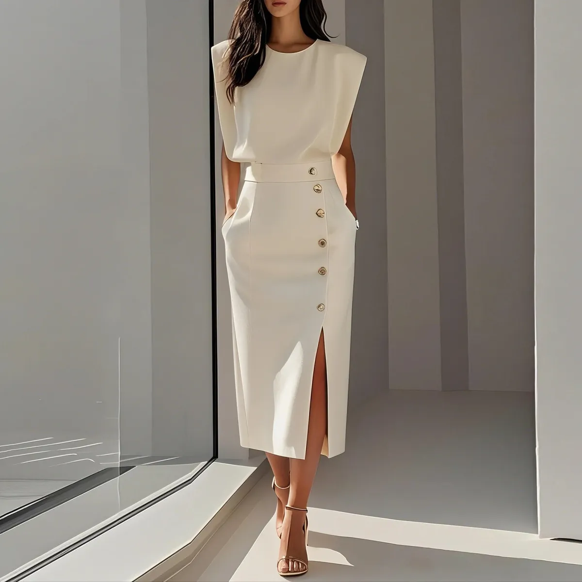 Women Elegant Solid Color Sleeveless Button Side Slit Midi Dress