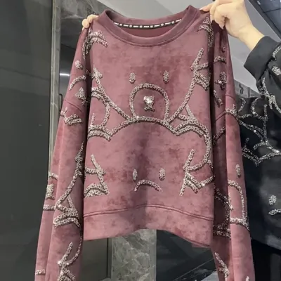 Women Fashion Casual Autumn Rhinestone Bear Printed Round Neck Long Sleeve Loose Sweatshirt