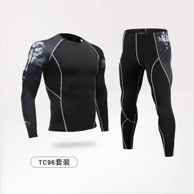 Men Fashion Casual Printed Breathable Tights Quick-Drying Long-Sleeve Top Pants Sports Two-Piece Set