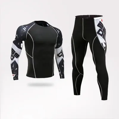 Men Fashion Casual Printed Breathable Tights Quick-Drying Long-Sleeve Top Pants Sports Two-Piece Set