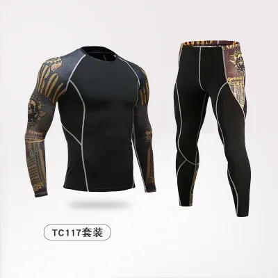 Men Fashion Casual Printed Breathable Tights Quick-Drying Long-Sleeve Top Pants Sports Two-Piece Set