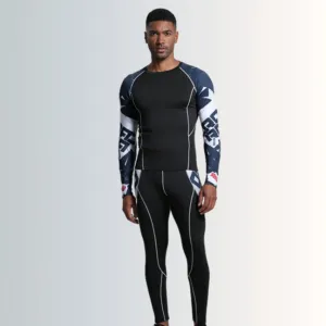 Men Fashion Casual Printed Breathable Tights Quick-Drying Long-Sleeve Top Pants Sports Two-Piece Set