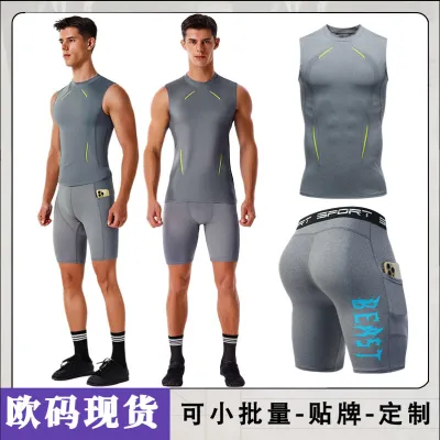 Men'S Fashion Casual Summer Quick-Drying Breathable Sports Tank Top Tight Shorts Two-Piece Set