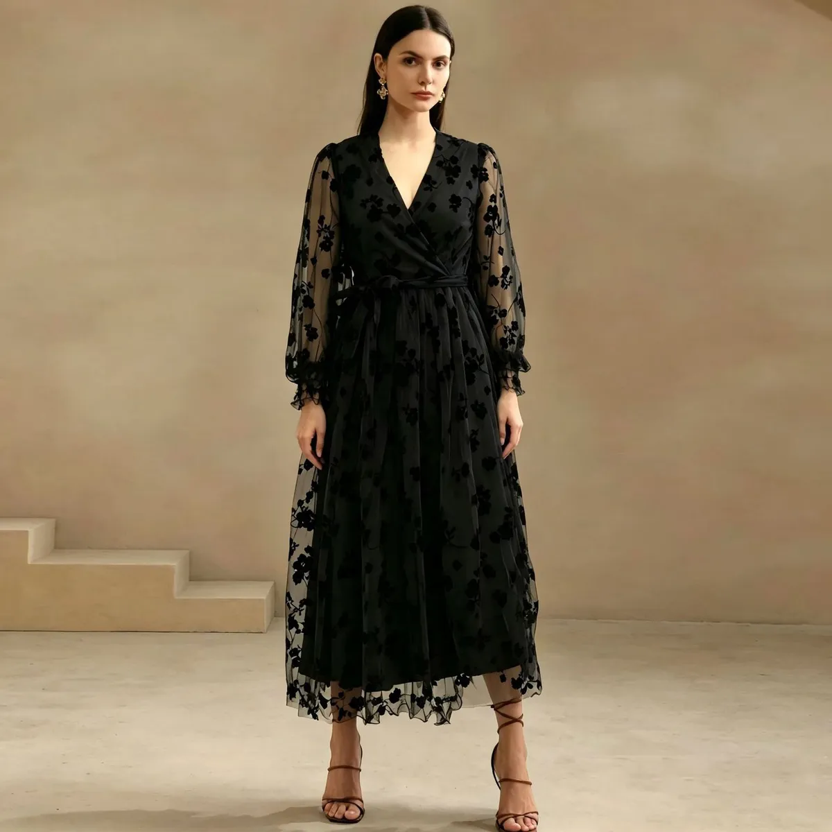 Autumn Women Casual Mesh Stitching Long Sleeve V-Neck Maxi Dress