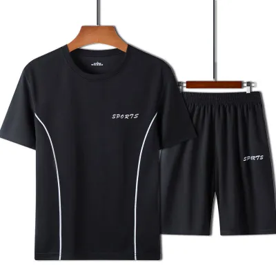 Men'S Fashion Casual Summer Ice Silk Quick-Drying Short-Sleeve T-Shirt Loose Shorts Sports Two-Piece Set