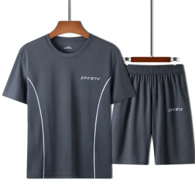 Men'S Fashion Casual Summer Ice Silk Quick-Drying Short-Sleeve T-Shirt Loose Shorts Sports Two-Piece Set