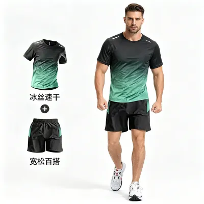 Men'S Fashion Casual Gradient Summer Ice Silk Thin Short-Sleeve T-Shirt Loose Shorts Sports Two-Piece Set