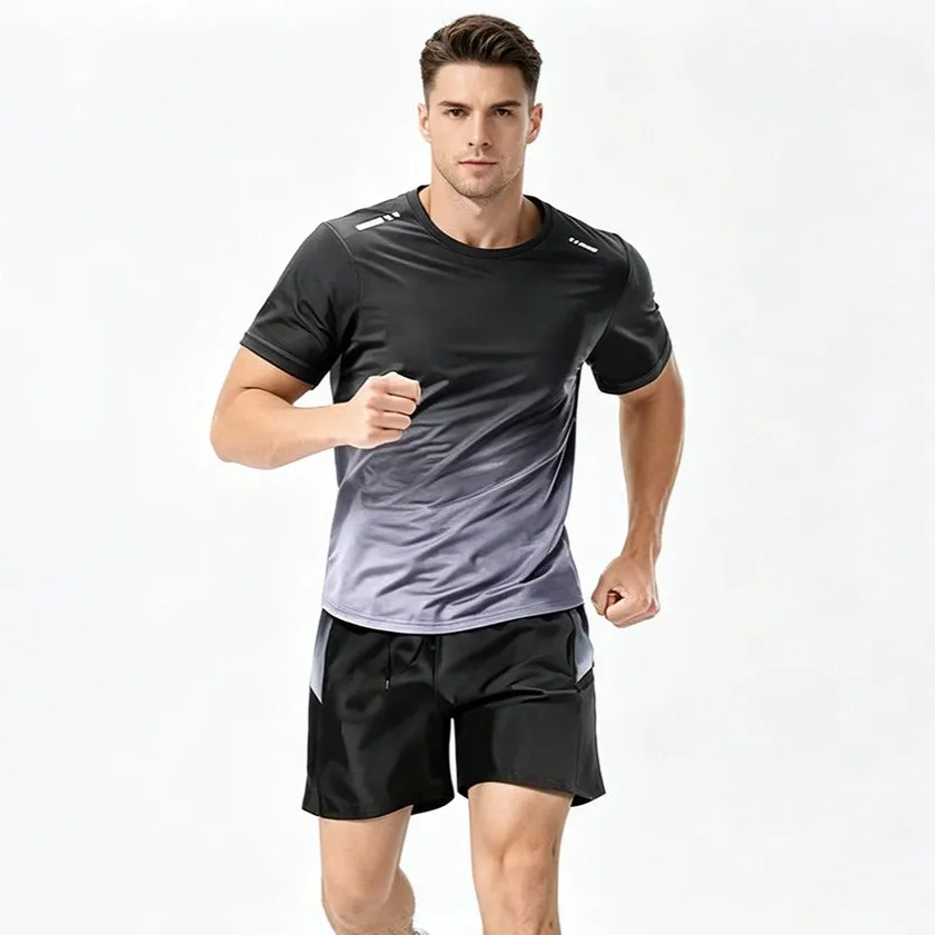 Men'S Fashion Casual Gradient Summer Ice Silk Thin Short-Sleeve T-Shirt Loose Shorts Sports Two-Piece Set