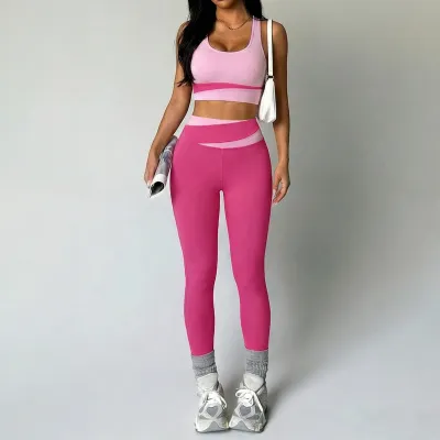 Women Fashion Pink Contrast Cross Waist Quick-Drying Tank Top High Waist Pants Sports Two-Piece Set
