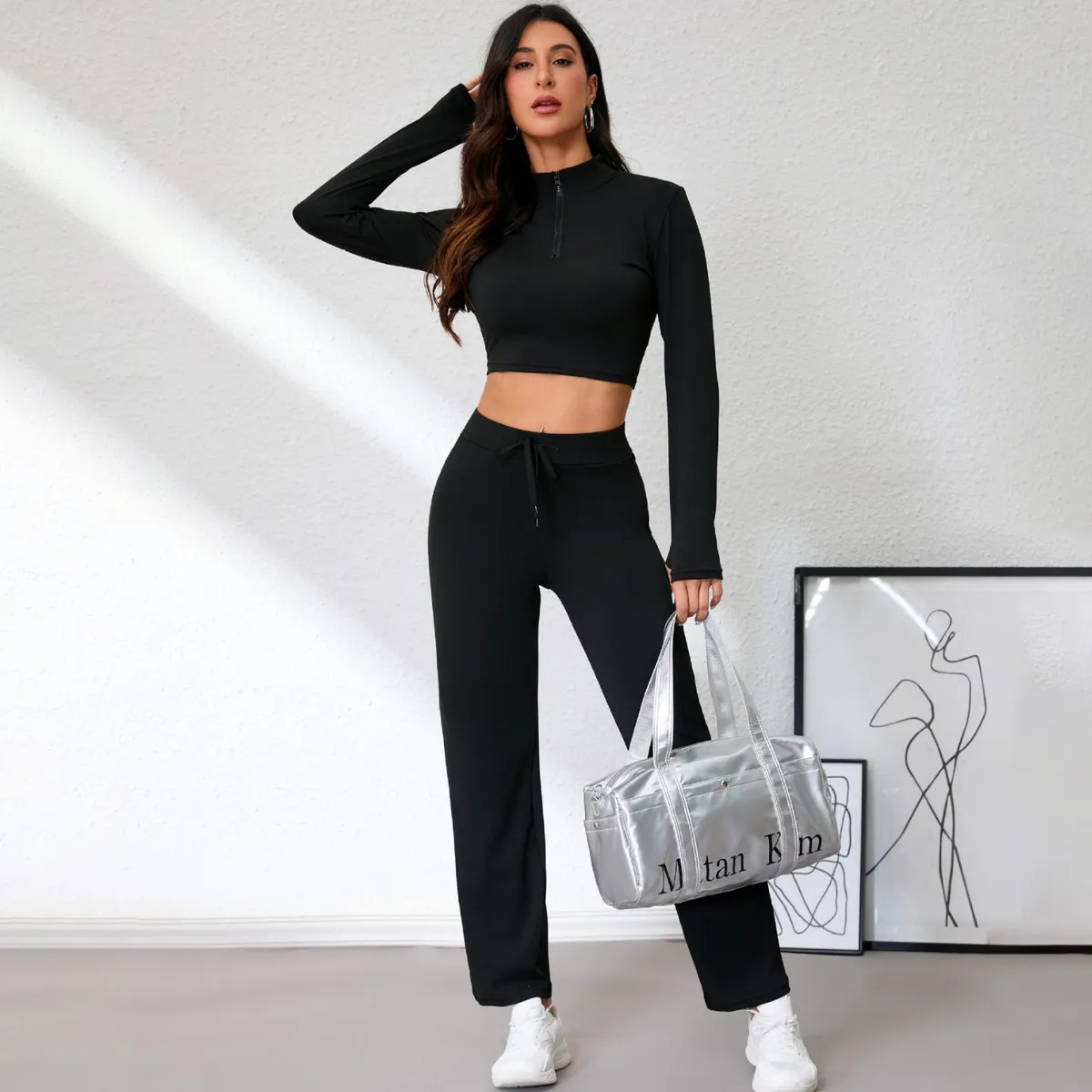 Women Fashion Casual Half-Zip Vertical Collar Long-Sleeve Jacket High-Waist Pants Sports Two-Piece Set