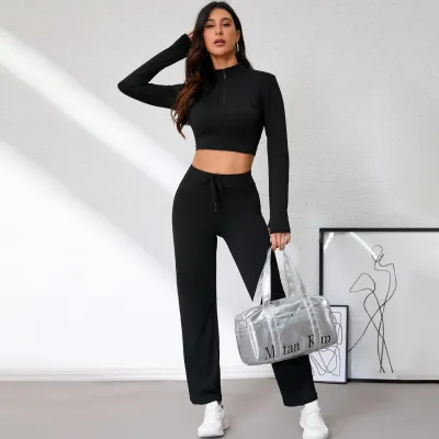 Women Fashion Casual Half-Zip Vertical Collar Long-Sleeve Jacket High-Waist Pants Sports Two-Piece Set