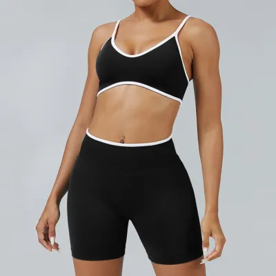 Women Fashion Contrast Color Tight Quick-Dry Backless Bra Tight Shorts Sports Two-Piece Set