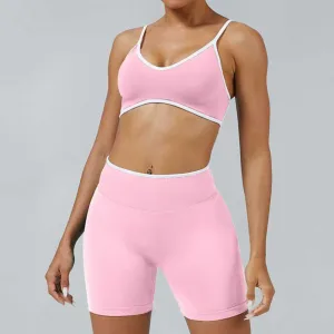 Women Fashion Contrast Color Tight Quick-Dry Backless Bra Tight Shorts Sports Two-Piece Set
