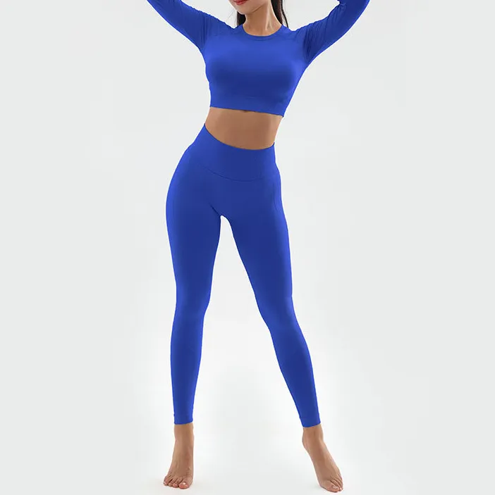 Women Fashion Solid Color Seamless Long-Sleeve Crop Top Quick-Drying High Waist Pants Yoga Two-Piece Set