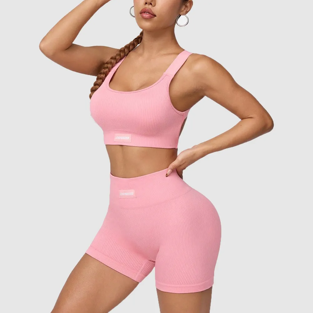 Women Fashion Casual Solid Color Vertical Stripe Bra High Waist Cross Tight Shorts Sports Two-Piece Set