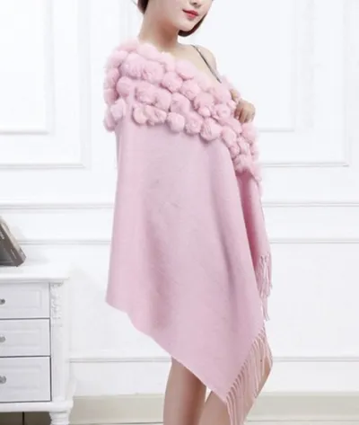 Women Fashion Solid Color Wool Real Rabbit Hair Shawl