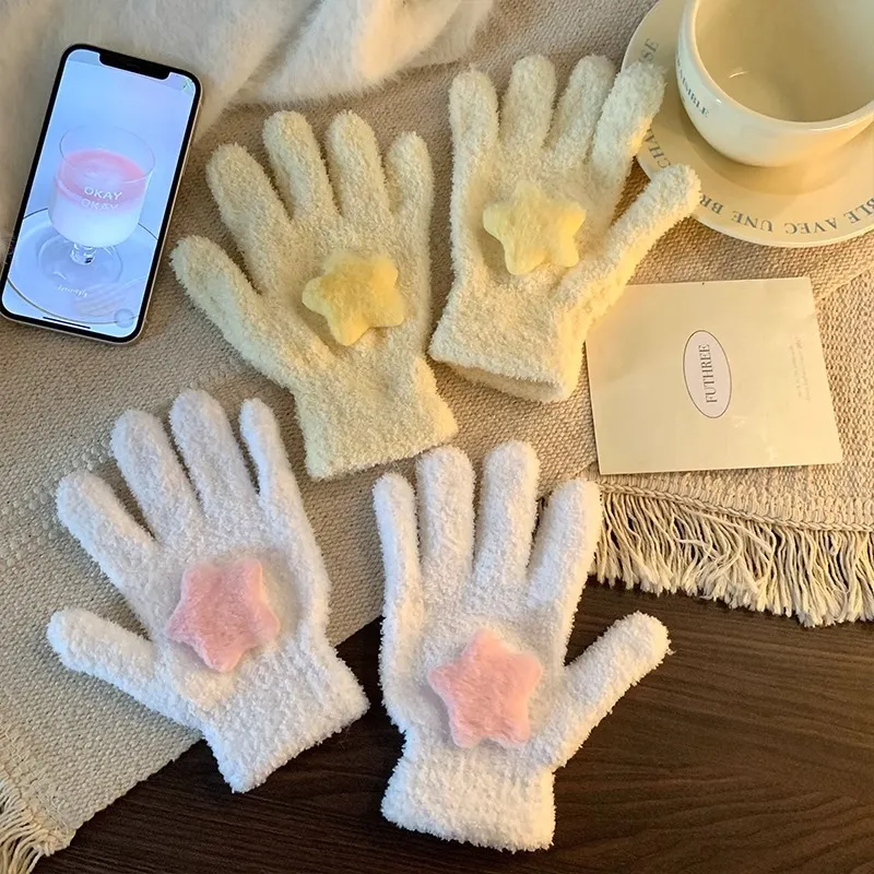 Women'S Fashion Cute Autumn And Winter Velvet Warm Star Five-Finger Plush Gloves