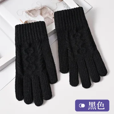 Fashion Casual Autumn And Winter Knitted Warm Fleece-Lined Five-Finger Touchscreen Gloves