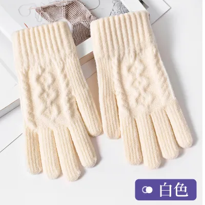 Fashion Casual Autumn And Winter Knitted Warm Fleece-Lined Five-Finger Touchscreen Gloves