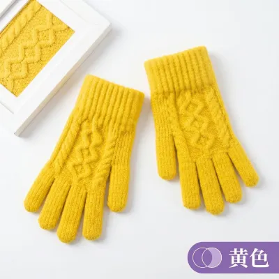 Fashion Casual Autumn And Winter Knitted Warm Fleece-Lined Five-Finger Touchscreen Gloves