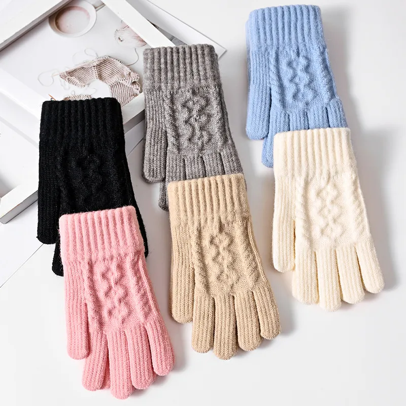 Fashion Casual Autumn And Winter Knitted Warm Fleece-Lined Five-Finger Touchscreen Gloves