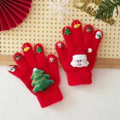 Kids Fashion Cute Christmas Winter Doll Plush Warm Five-Finger Gloves