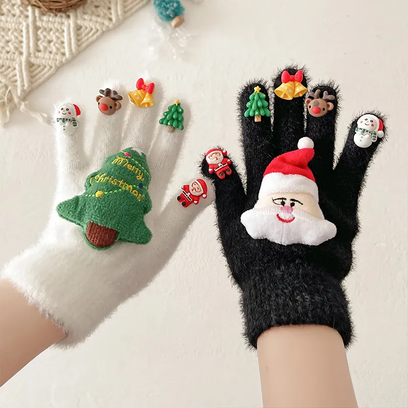 Kids Fashion Cute Christmas Winter Doll Plush Warm Five-Finger Gloves