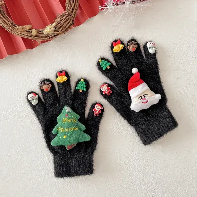Women Fashion Cute Christmas Winter Doll Plush Warm Five-Finger Gloves