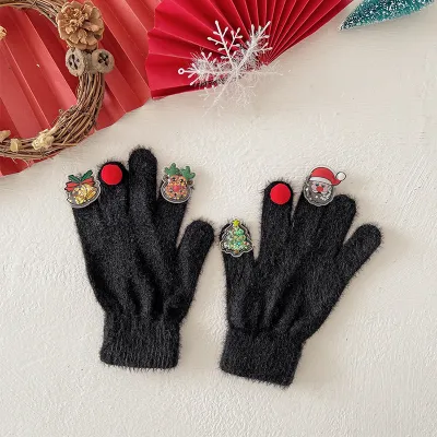 Women Fashion Cute Christmas Winter Doll Plush Warm Five-Finger Gloves