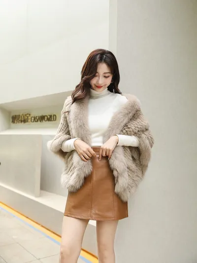 Women Fashion Elegant Solid Color 100% Real Rabbit Fur Woven Shawl
