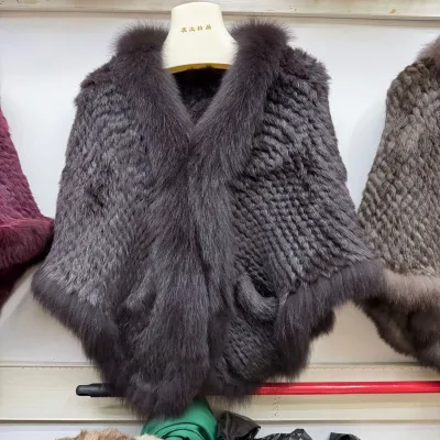 Women Fashion Elegant Solid Color 100% Real Rabbit Fur Woven Shawl
