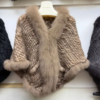 Women Fashion Elegant Solid Color 100% Real Rabbit Fur Woven Shawl