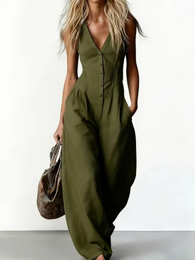 Women Fashion Casual Solid Color V-Neck Sleeveless Linen Loose Jumpsuit