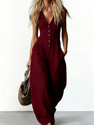 Women Fashion Casual Solid Color V-Neck Sleeveless Linen Loose Jumpsuit