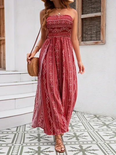 Women Fashion Casual Summer Ethnic Style Printed Wide Leg Jumpsuit