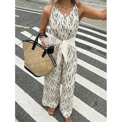 Women Fashion Casual Printed Strap V-Neck Sleeveless Loose Jumpsuit