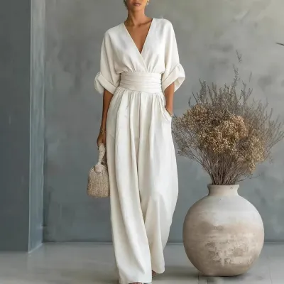 Women Fashion Elegant Spring And Summer Solid Color V-Neck Short-Sleeve Loose Jumpsuit